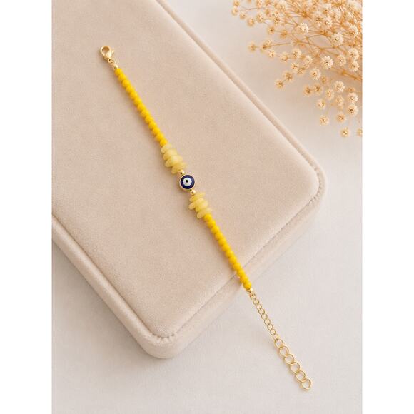 Handmade Jewelry - Yellow Evil Eye Beaded Bracelet Gold Tone Adjustable Handmade